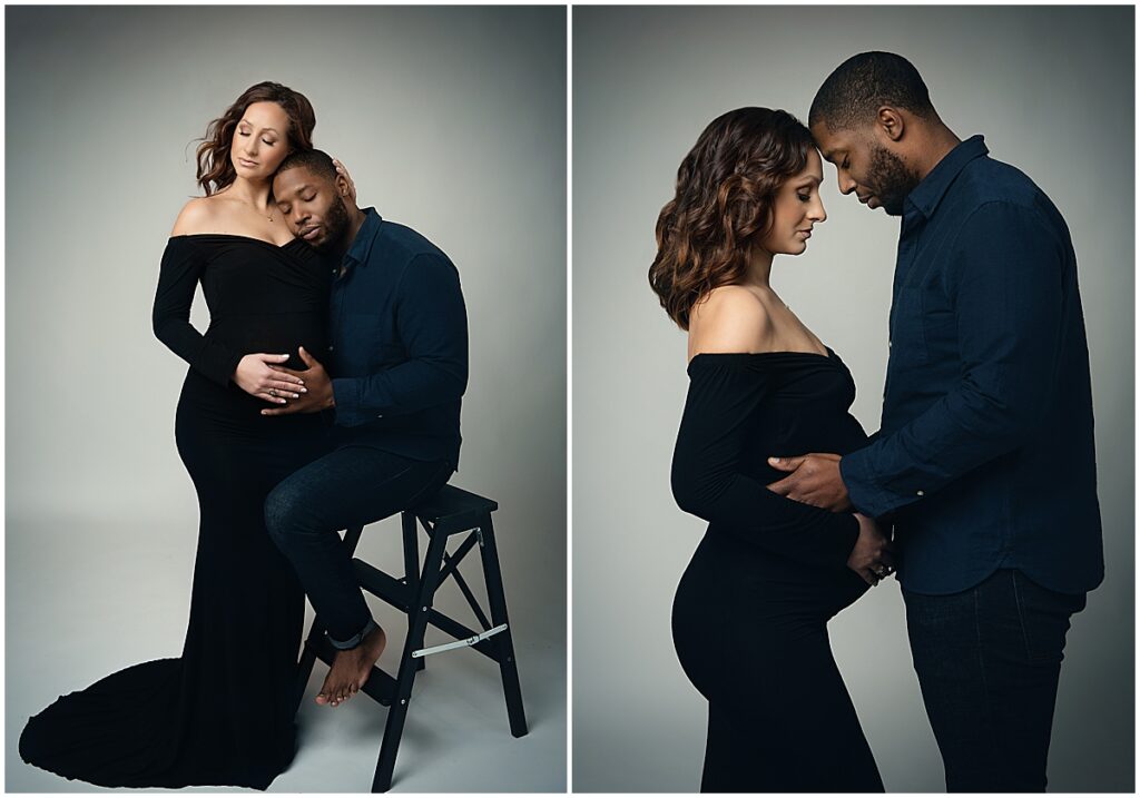 Expectant couple maternity portraits in navy, mom in a fitted black gown, South Jersey maternity session