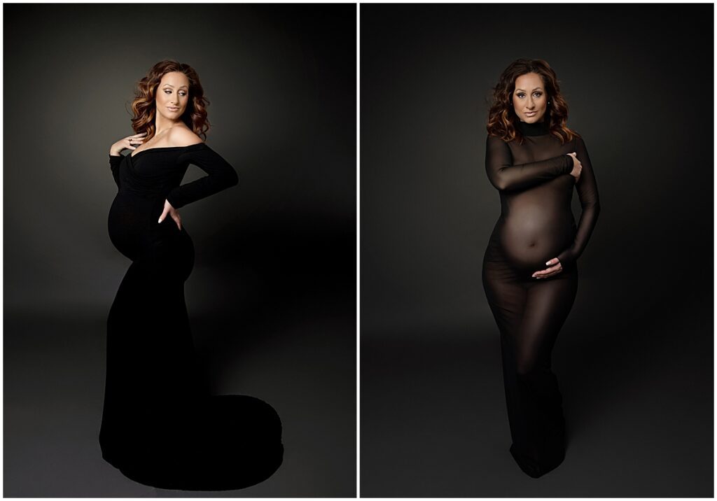 Pregnant woman in a fitted black gown and a sheer black gown on a dark backdrop, South Jersey maternity Pregnant woman in a fitted black gown and a sheer black gown on a dark backdrop, South Jersey maternity