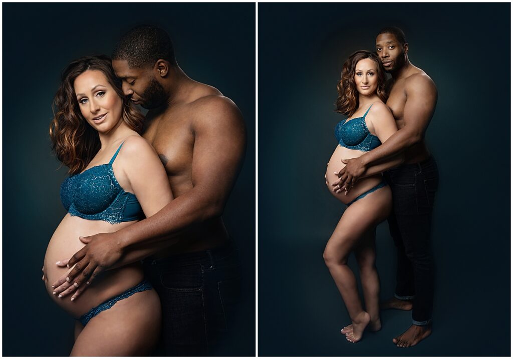 Expectant couple maternity portraits, mom in a teal lace bralette, partner embracing her from behind