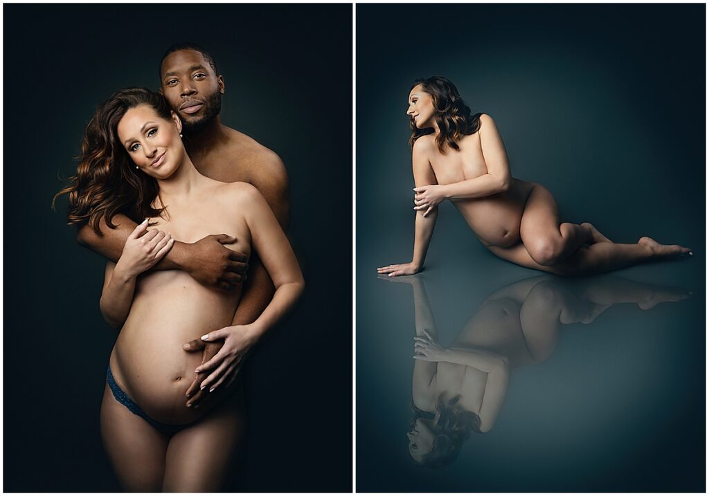 Expectant couple maternity portrait, partner embracing her from behind, New Jersey maternity session
